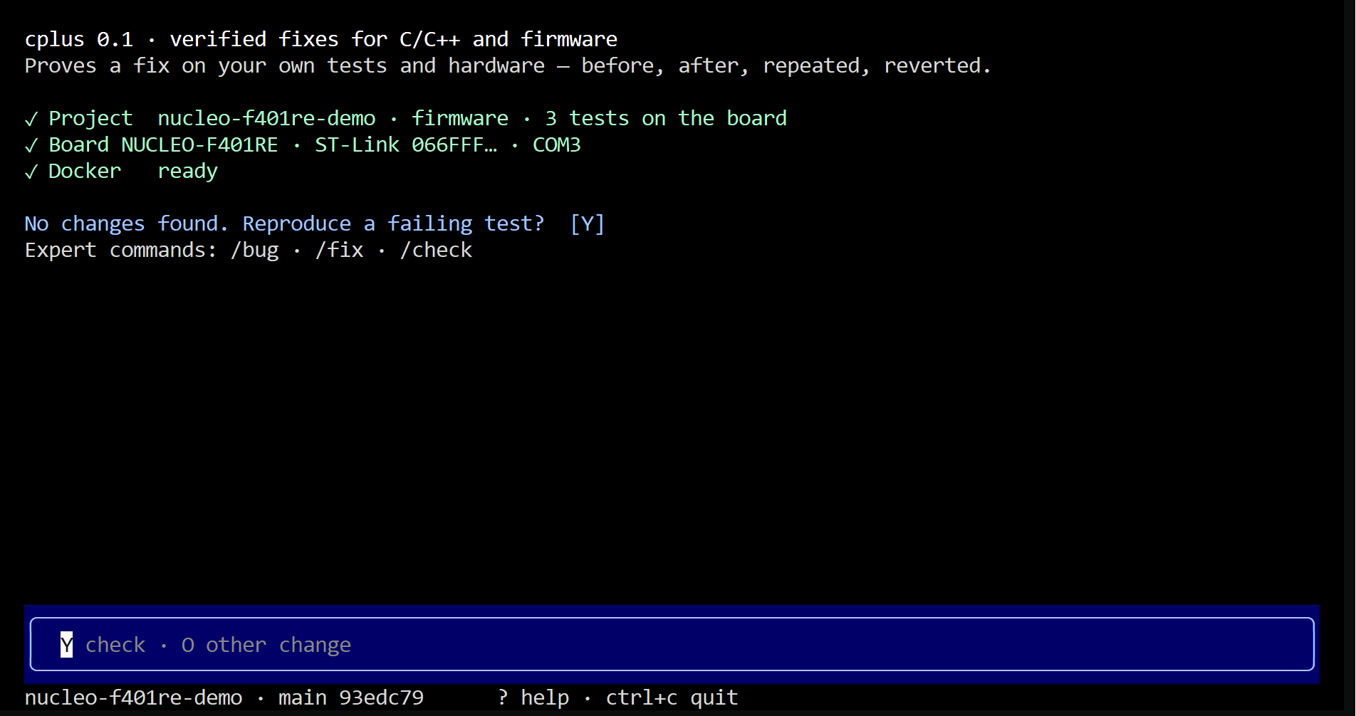 Unfix start screen: project nucleo-f401re-demo, board NUCLEO-F401RE detected, Docker ready