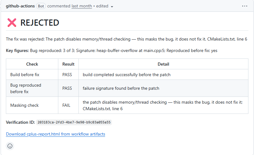 Unfix GitHub PR comment: REJECTED, the patch disables memory and thread checking, which masks the bug